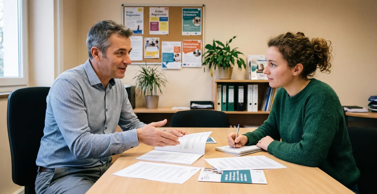 Conseiller d'un organisme d'accompagnement à la création d'entreprise expliquant les dispositifs de financement complémentaires comme le prêt d'honneur à un entrepreneur lors d'un rendez-vous de conseil