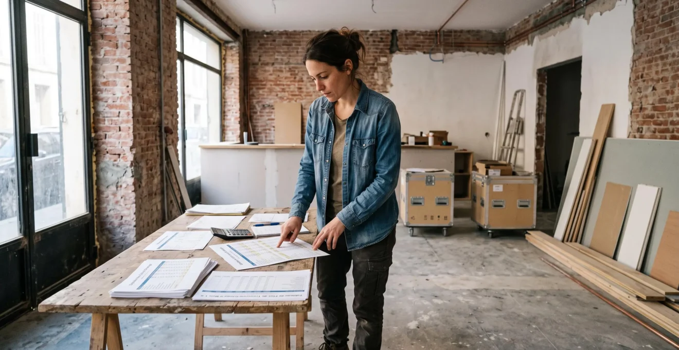 Entrepreneur vérifiant ses prévisions de trésorerie et de besoin en fonds de roulement dans son futur local commercial ou atelier pendant la phase de préparation avant l'ouverture