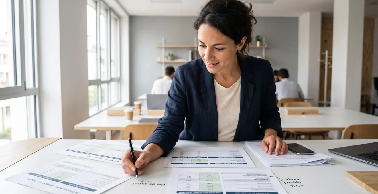Entrepreneur analysant debout les documents financiers de son projet avec les pourcentages d'apport nécessaires et la structure de financement sur une table de travail