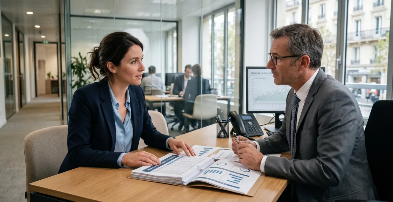 Entrepreneur présentant son dossier de financement professionnel à un conseiller bancaire lors d'un rendez-vous dans une agence bancaire dédiée aux professionnels en France